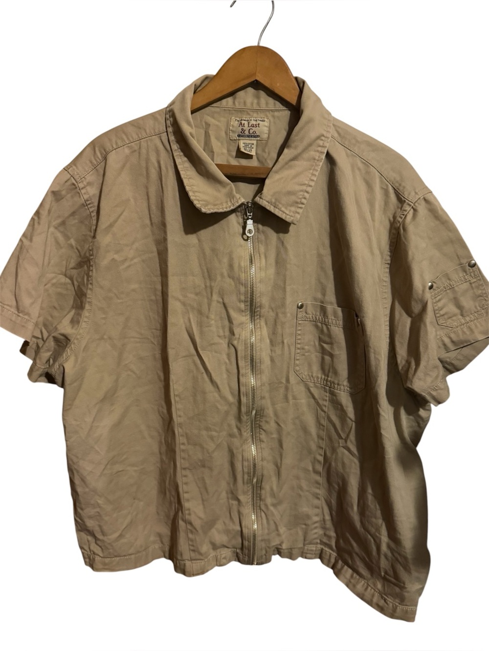 At Last Short-Sleeve Zip Front Shirt Jacket in Tan safari utility minimalist top
